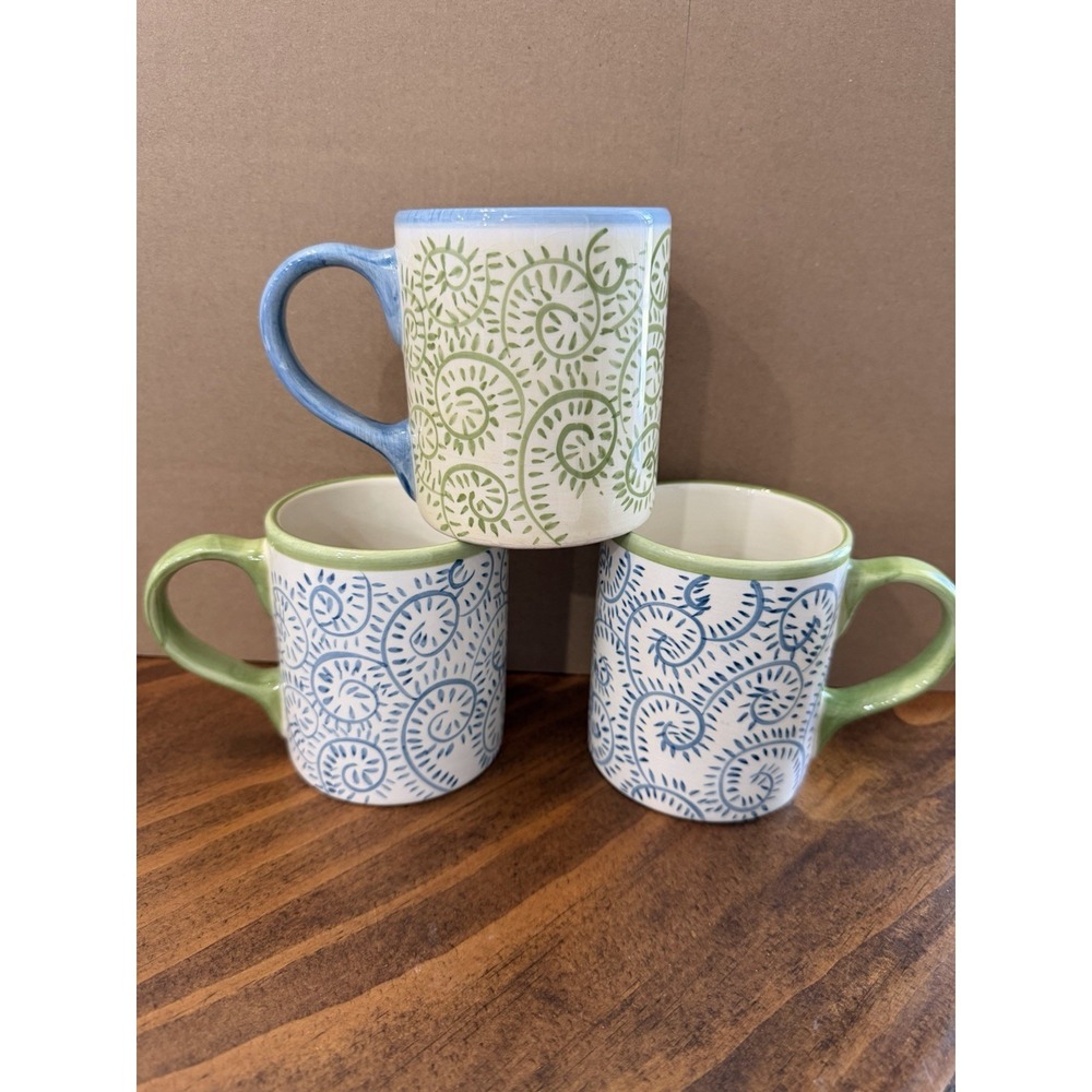 Set Of 3 Pottery Barn Allegra Coffee Mugs Blue Green Beige 12 oz Swirls
